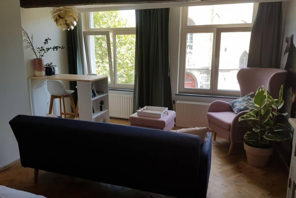 Binnen in het vakantieappartement: de Gezellige zithoek met prachtig uitzicht op de oude architectuur van Maastricht.